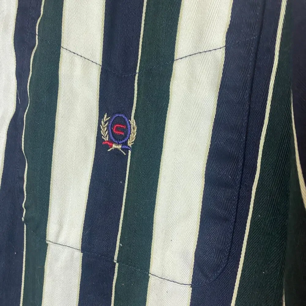 Vintage 90s Y2K Button Shirt Mens Sz XL Cotton Striped Green Navy White Preppy